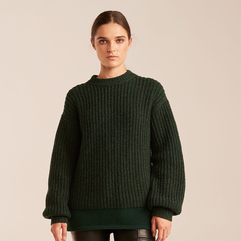 Rebecca Taylor Tweed Green Ribbed puff-sleeve sweater